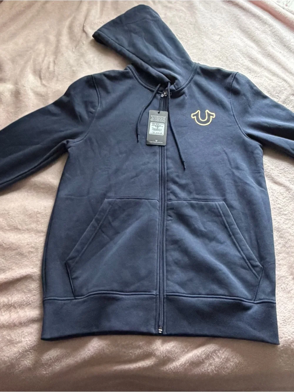 True Religion Navy Full-Zip Hoodie with Yellow Horseshoe Accent